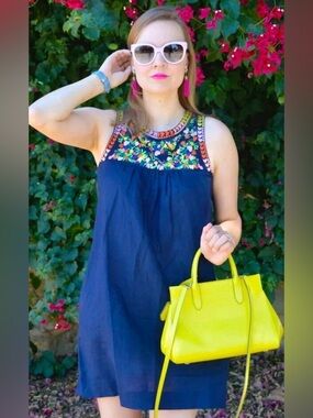 J.Crew | Blue A-line Short floral Embroidered sleeveless Dress | Size 2